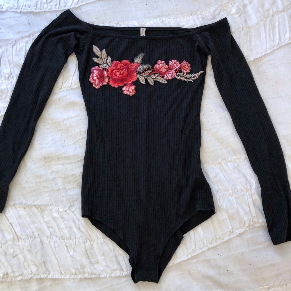 off the shoulder, long sleeve black bodysuit